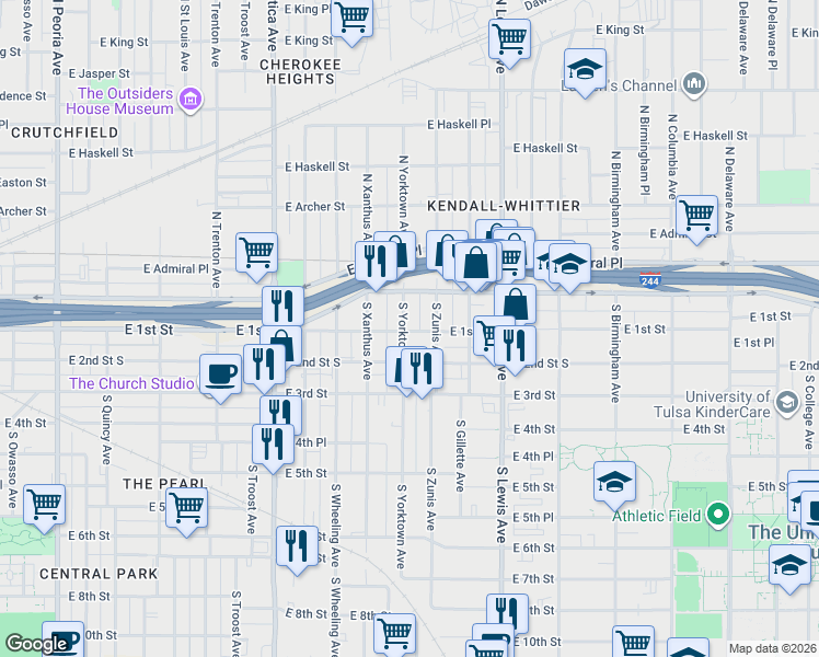 map of restaurants, bars, coffee shops, grocery stores, and more near 12 South Yorktown Avenue in Tulsa