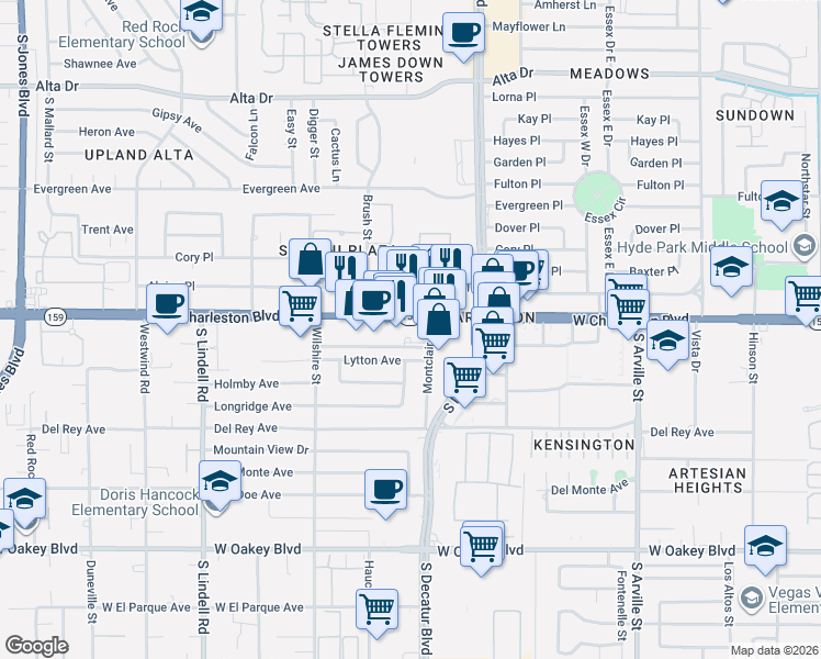 map of restaurants, bars, coffee shops, grocery stores, and more near 5117 West Charleston Boulevard in Las Vegas