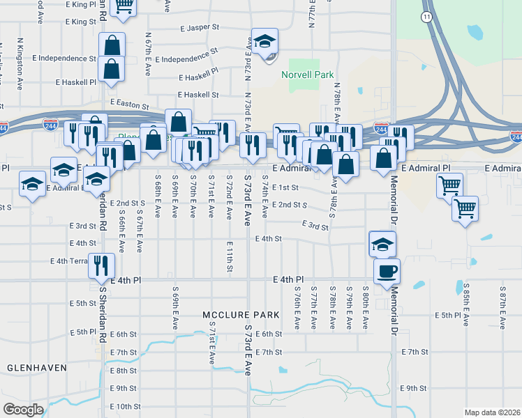 map of restaurants, bars, coffee shops, grocery stores, and more near 208 South 74th East Avenue in Tulsa