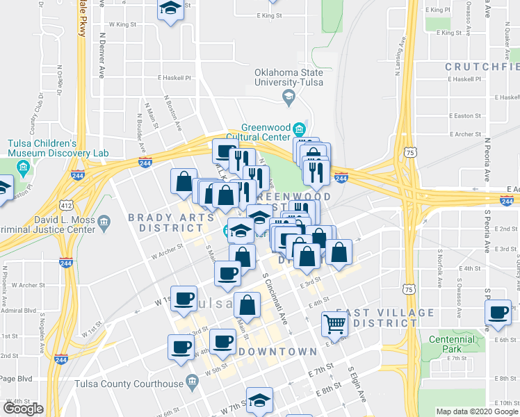 map of restaurants, bars, coffee shops, grocery stores, and more near 105 North Detroit Avenue in Tulsa