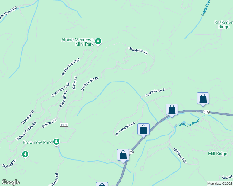 map of restaurants, bars, coffee shops, grocery stores, and more near 182 Streamside Lane in Seven Devils