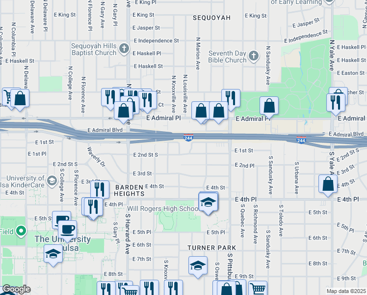map of restaurants, bars, coffee shops, grocery stores, and more near 111 South Louisville Avenue in Tulsa