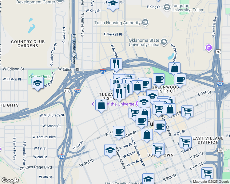 map of restaurants, bars, coffee shops, grocery stores, and more near 330 North Boulder Avenue in Tulsa