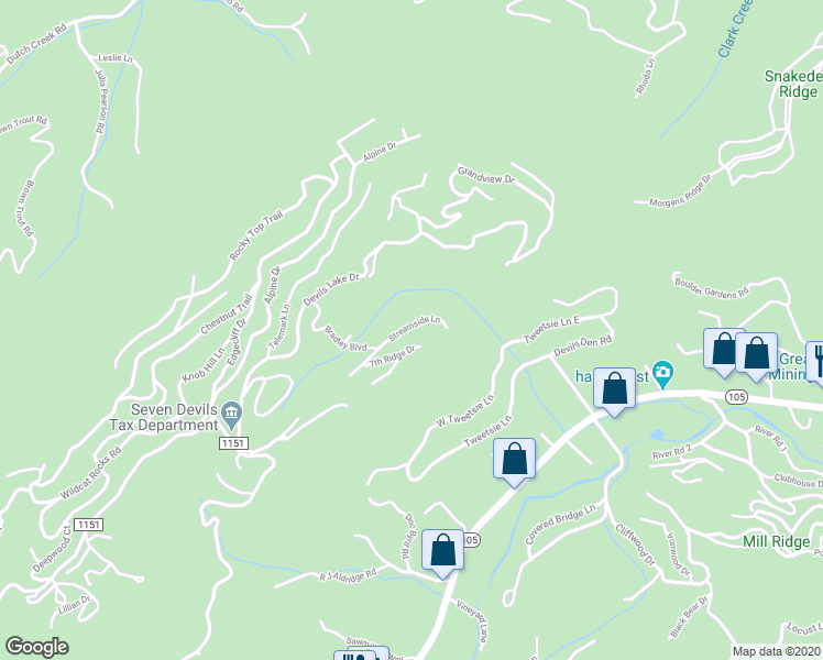 map of restaurants, bars, coffee shops, grocery stores, and more near 182 Streamside Lane in Seven Devils