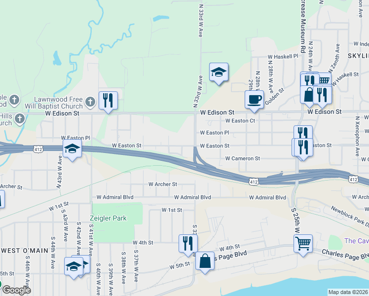 map of restaurants, bars, coffee shops, grocery stores, and more near 3300 West Easton Street in Tulsa