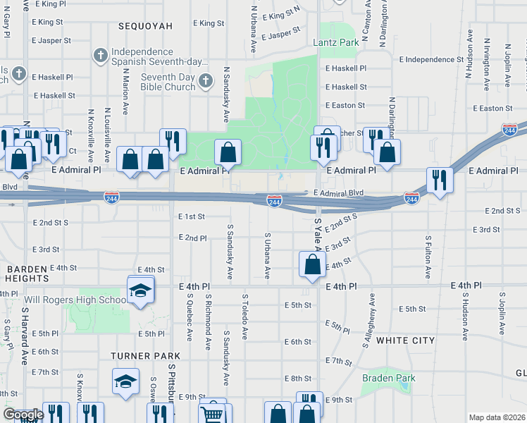 map of restaurants, bars, coffee shops, grocery stores, and more near 23 South Toledo Avenue in Tulsa