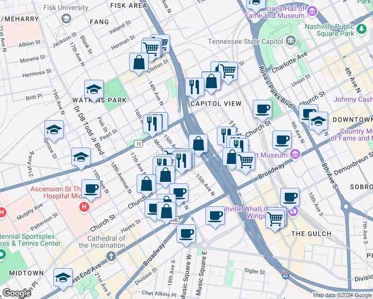 map of restaurants, bars, coffee shops, grocery stores, and more near 1407 Hynes Street in Nashville