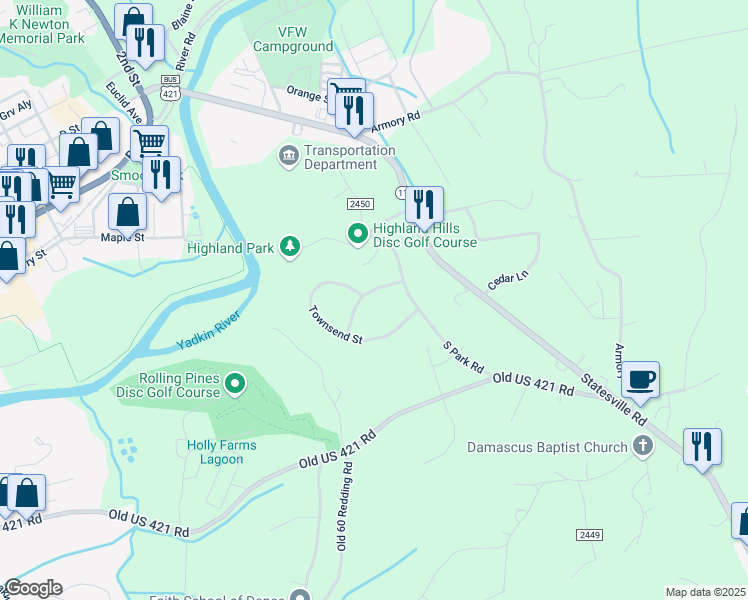 map of restaurants, bars, coffee shops, grocery stores, and more near 34 South Park Road in North Wilkesboro
