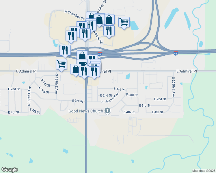map of restaurants, bars, coffee shops, grocery stores, and more near 19533 E 1st Pl in Tulsa