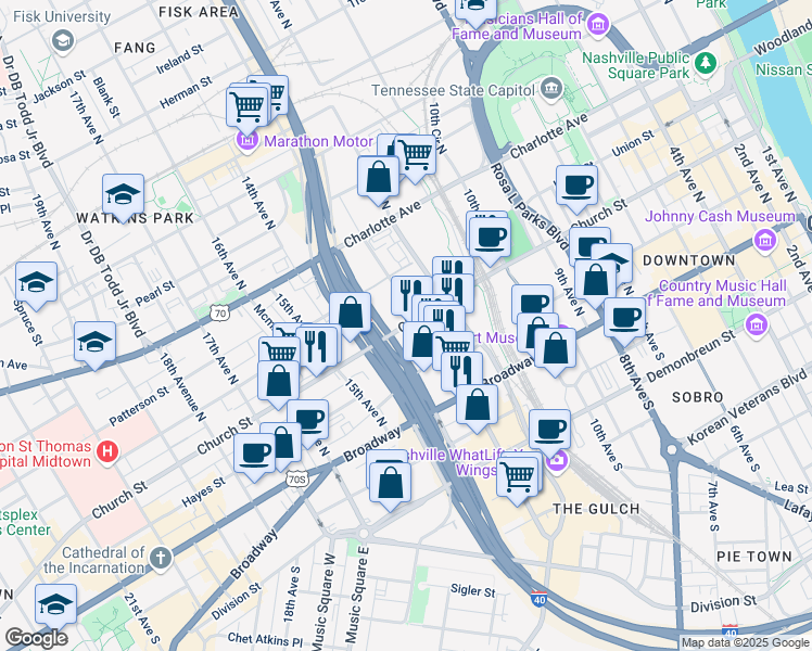 map of restaurants, bars, coffee shops, grocery stores, and more near 1201 Church Street in Nashville
