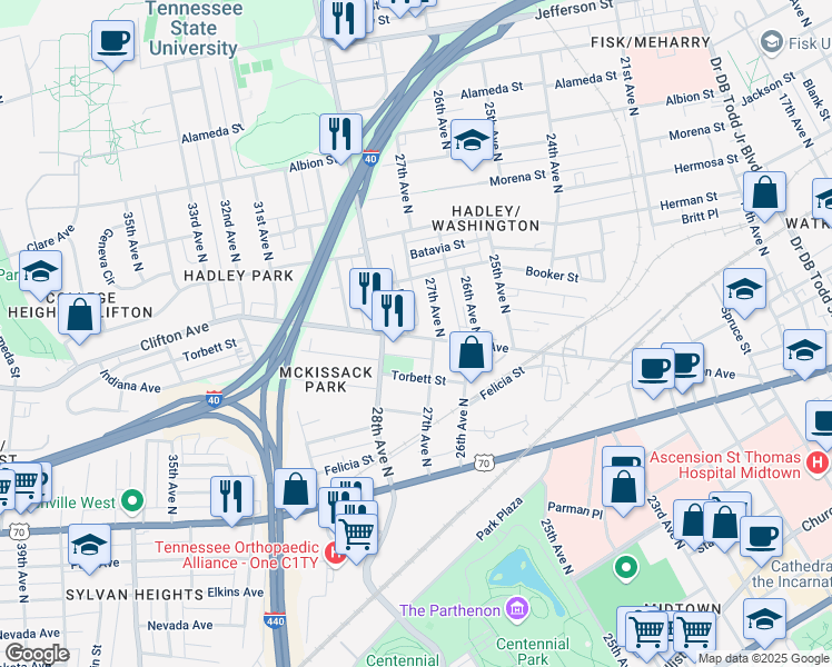 map of restaurants, bars, coffee shops, grocery stores, and more near in Nashville