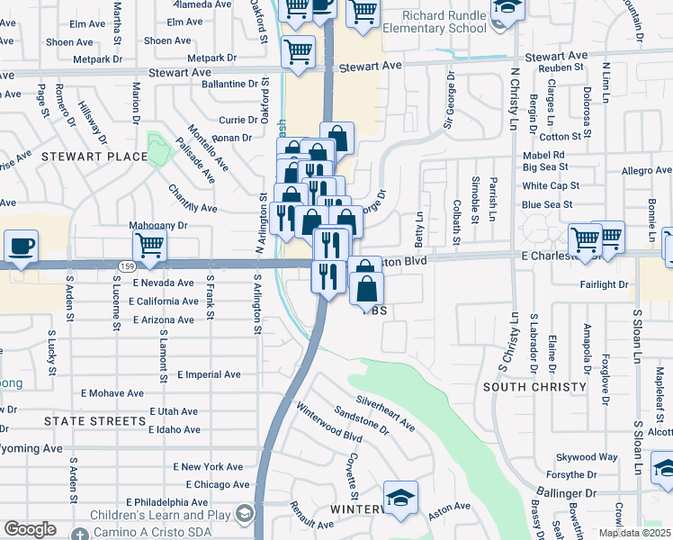 map of restaurants, bars, coffee shops, grocery stores, and more near in Sunrise Manor