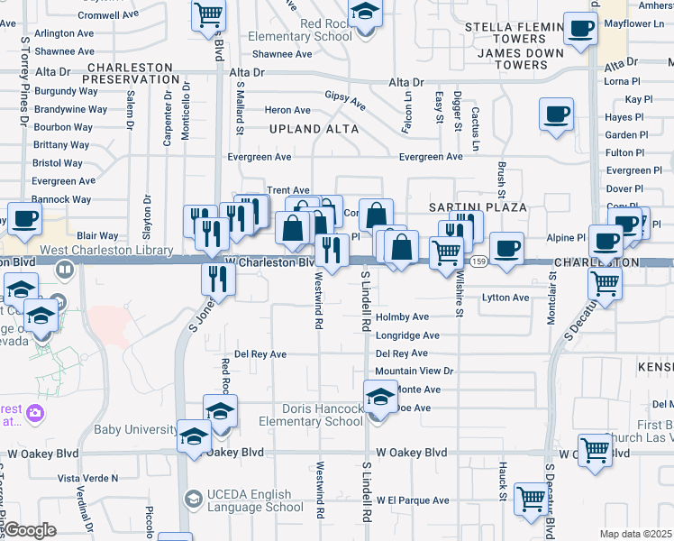 map of restaurants, bars, coffee shops, grocery stores, and more near 5589 West Charleston Boulevard in Las Vegas