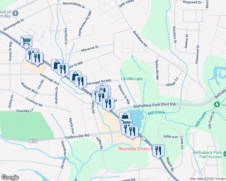 map of restaurants, bars, coffee shops, grocery stores, and more near 2920 Century Square in Winston-Salem