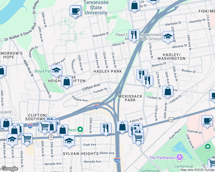 map of restaurants, bars, coffee shops, grocery stores, and more near 721 32nd Avenue North in Nashville