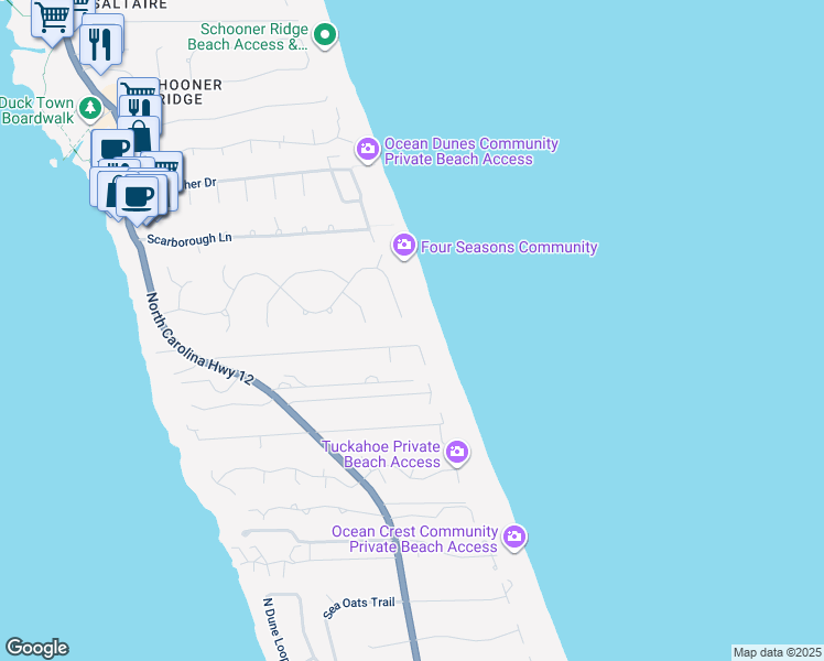 map of restaurants, bars, coffee shops, grocery stores, and more near 134 Plover Drive in Duck