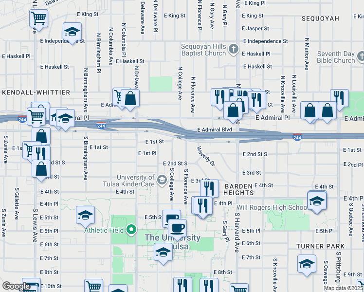 map of restaurants, bars, coffee shops, grocery stores, and more near 32 South Florence Avenue in Tulsa