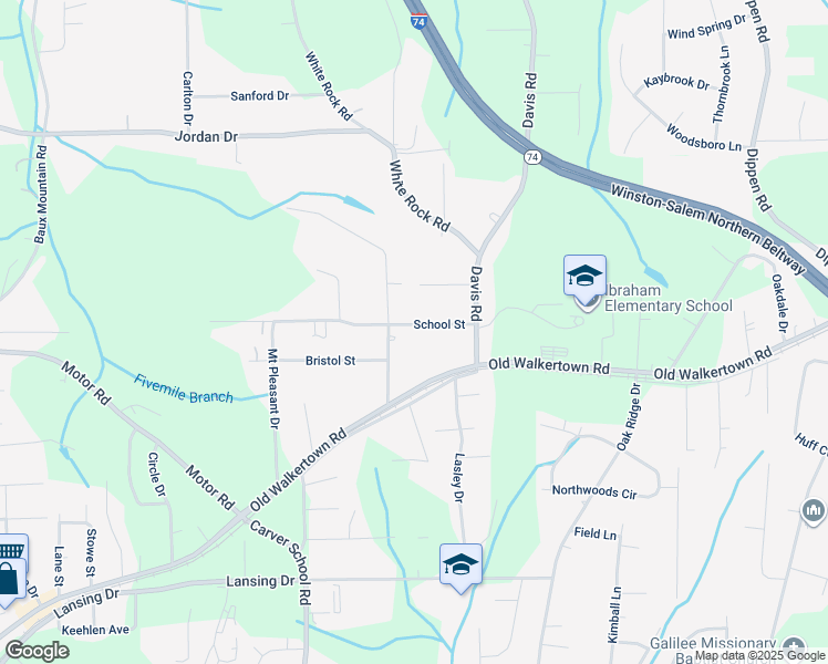 map of restaurants, bars, coffee shops, grocery stores, and more near 2239 School Street in Winston-Salem
