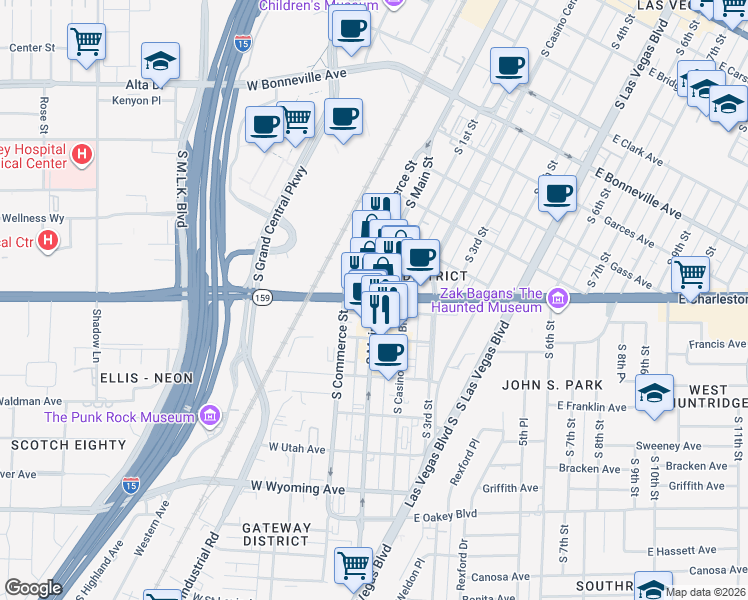 map of restaurants, bars, coffee shops, grocery stores, and more near 2 East Charleston Boulevard in Las Vegas