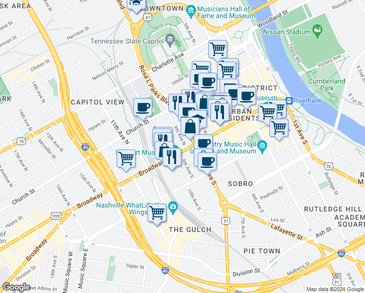 map of restaurants, bars, coffee shops, grocery stores, and more near 900 Broadway in Nashville