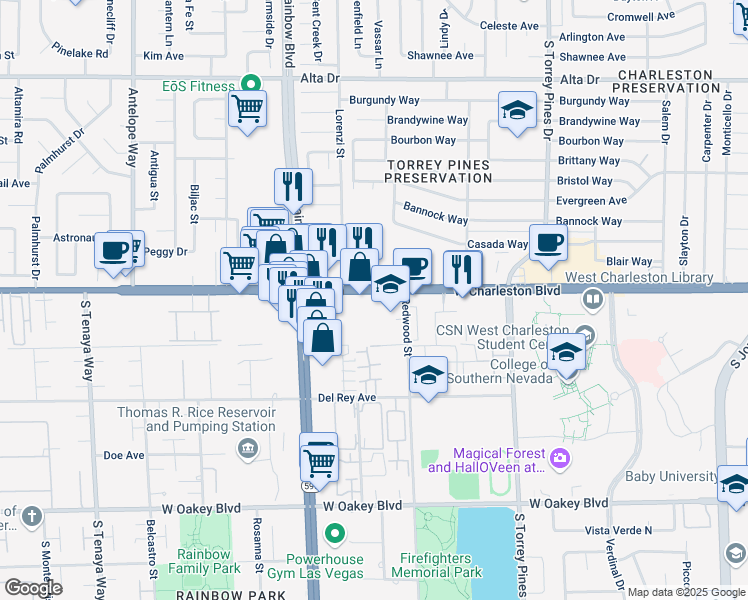 map of restaurants, bars, coffee shops, grocery stores, and more near 6705 W Charleston Blvd in Las Vegas
