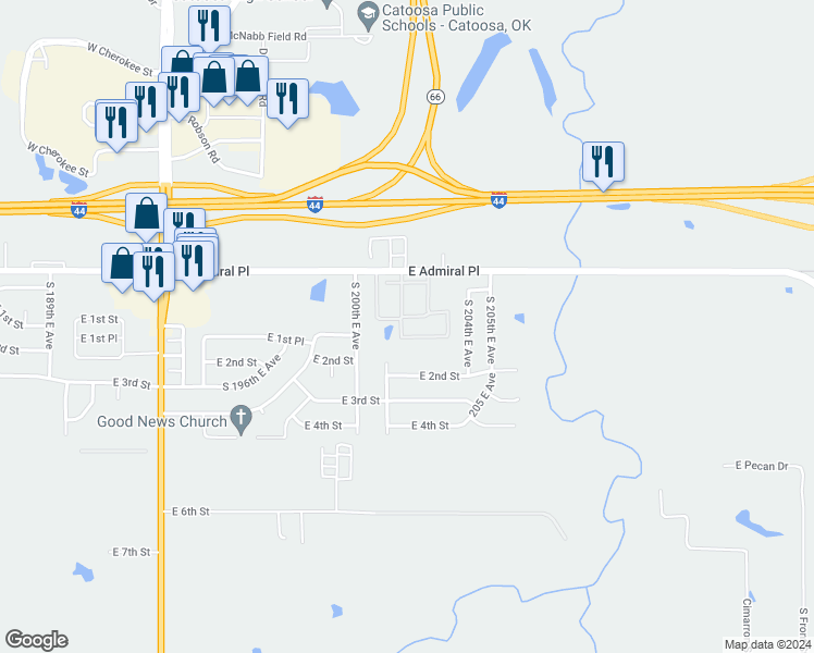 map of restaurants, bars, coffee shops, grocery stores, and more near 20222 East Admiral Place in Catoosa