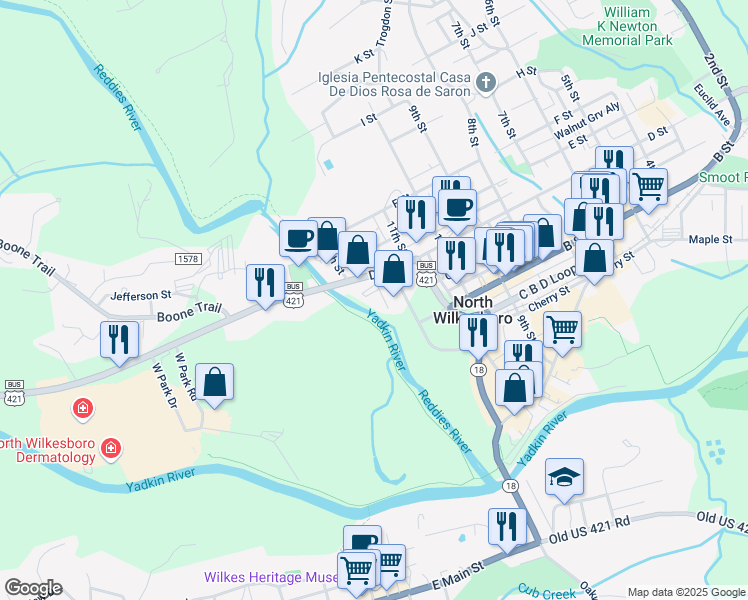 map of restaurants, bars, coffee shops, grocery stores, and more near 1197 West D Street in North Wilkesboro