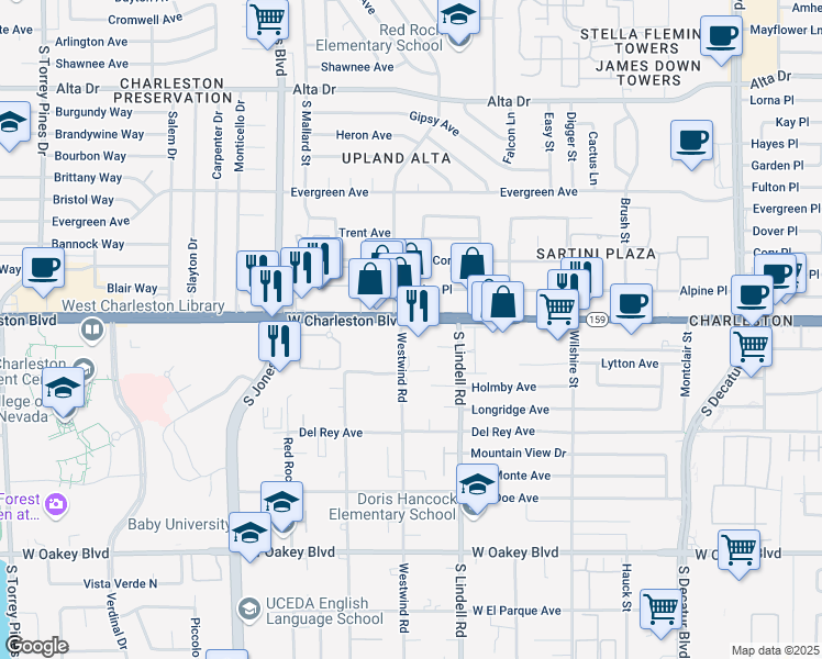 map of restaurants, bars, coffee shops, grocery stores, and more near 5589 West Charleston Boulevard in Las Vegas
