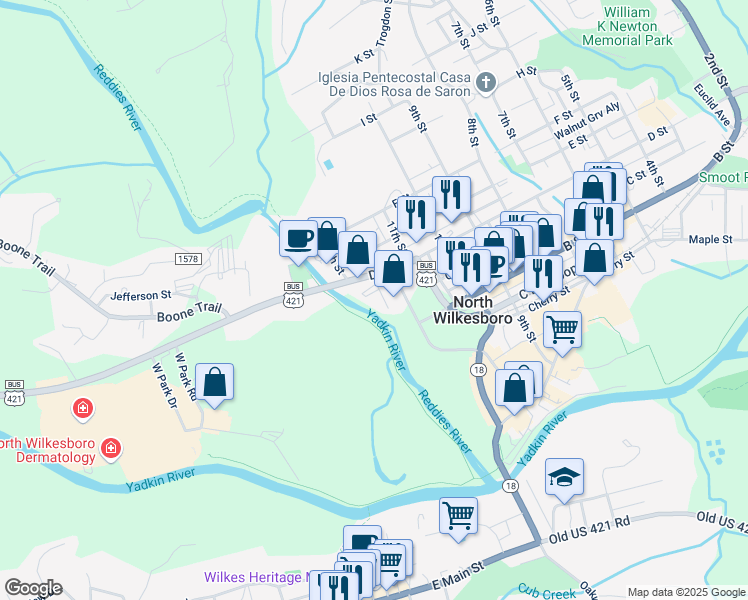 map of restaurants, bars, coffee shops, grocery stores, and more near 1197 West D Street in North Wilkesboro
