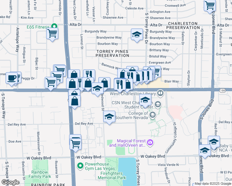 map of restaurants, bars, coffee shops, grocery stores, and more near 6501 West Charleston Boulevard in Las Vegas