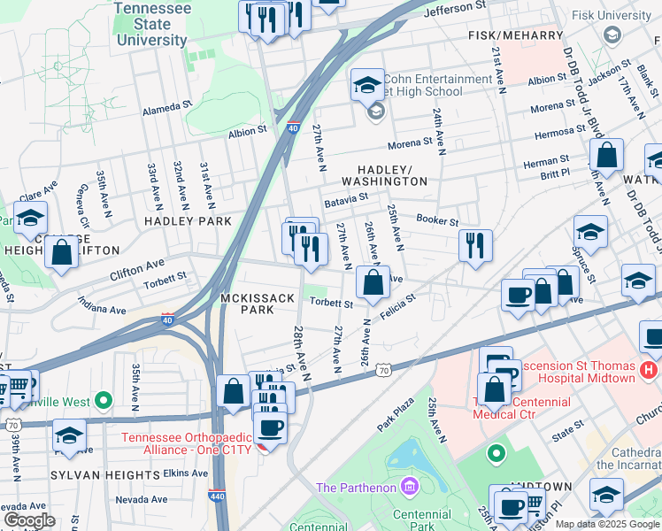 map of restaurants, bars, coffee shops, grocery stores, and more near in Nashville