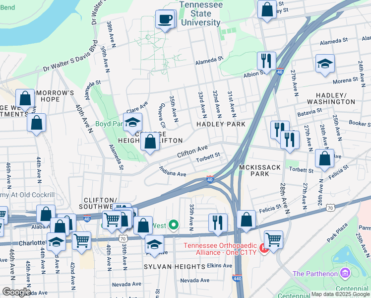 map of restaurants, bars, coffee shops, grocery stores, and more near 3601 Batavia Street in Nashville