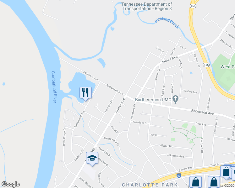 map of restaurants, bars, coffee shops, grocery stores, and more near 6513 Robertson Avenue in Nashville