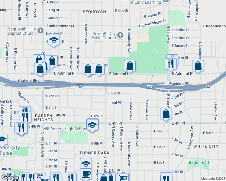 map of restaurants, bars, coffee shops, grocery stores, and more near 4107 East 1st Street in Tulsa