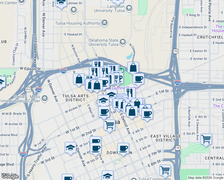 map of restaurants, bars, coffee shops, grocery stores, and more near 109 North Detroit Avenue in Tulsa