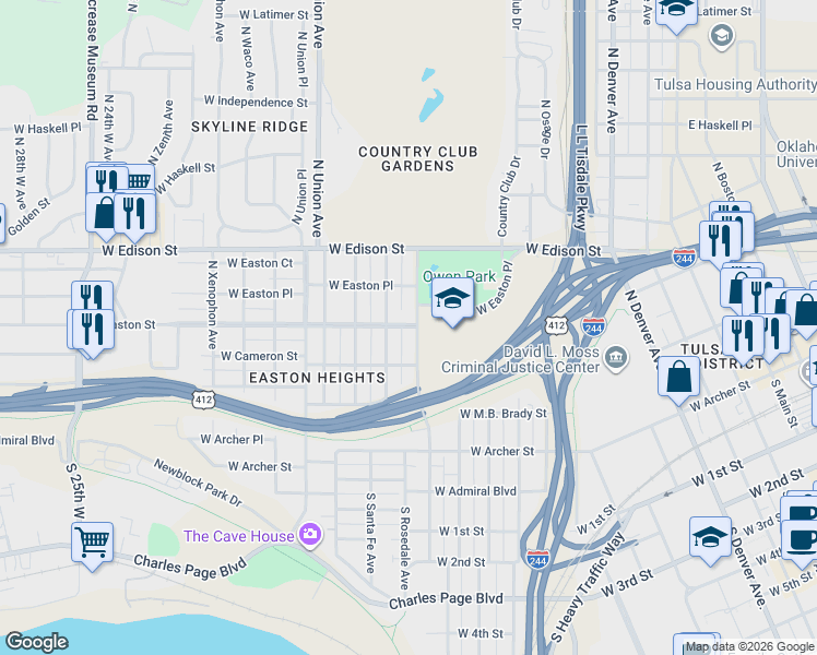 map of restaurants, bars, coffee shops, grocery stores, and more near 504 North Quanah Avenue in Tulsa