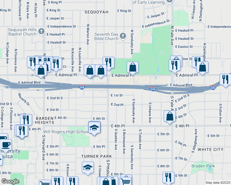 map of restaurants, bars, coffee shops, grocery stores, and more near 4107 East 1st Street in Tulsa