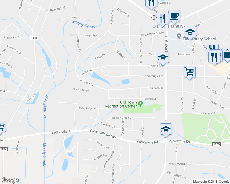 map of restaurants, bars, coffee shops, grocery stores, and more near 3972 Leinbach Drive in Winston-Salem