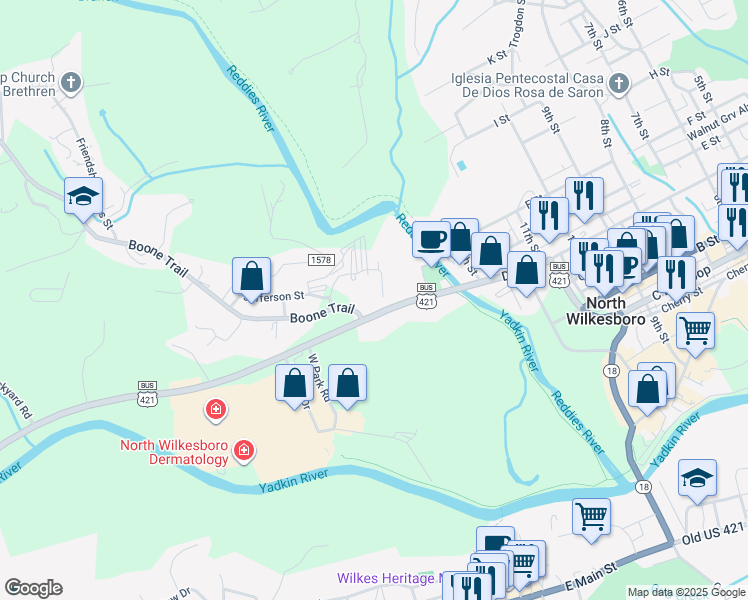 map of restaurants, bars, coffee shops, grocery stores, and more near 1370 West D Street in North Wilkesboro