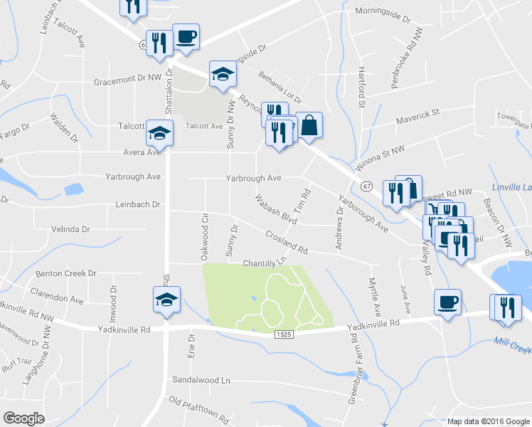 map of restaurants, bars, coffee shops, grocery stores, and more near 3750 Wabash Boulevard in Winston-Salem
