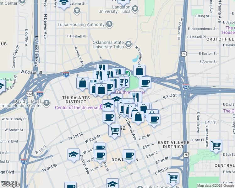 map of restaurants, bars, coffee shops, grocery stores, and more near 109 North Detroit Avenue in Tulsa