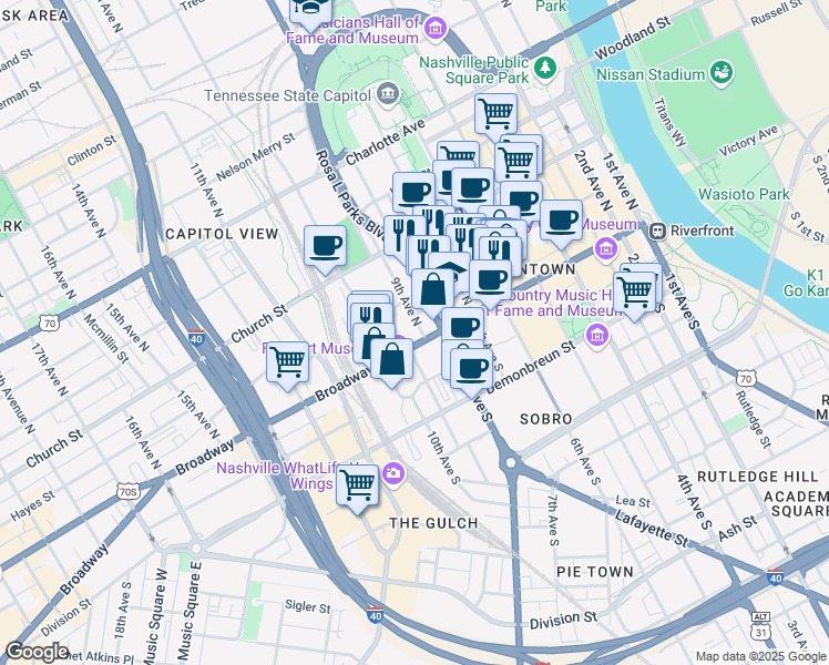map of restaurants, bars, coffee shops, grocery stores, and more near 900 Broadway in Nashville