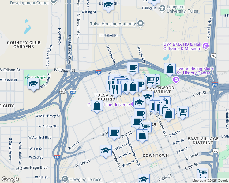 map of restaurants, bars, coffee shops, grocery stores, and more near 222 North Main Street in Tulsa