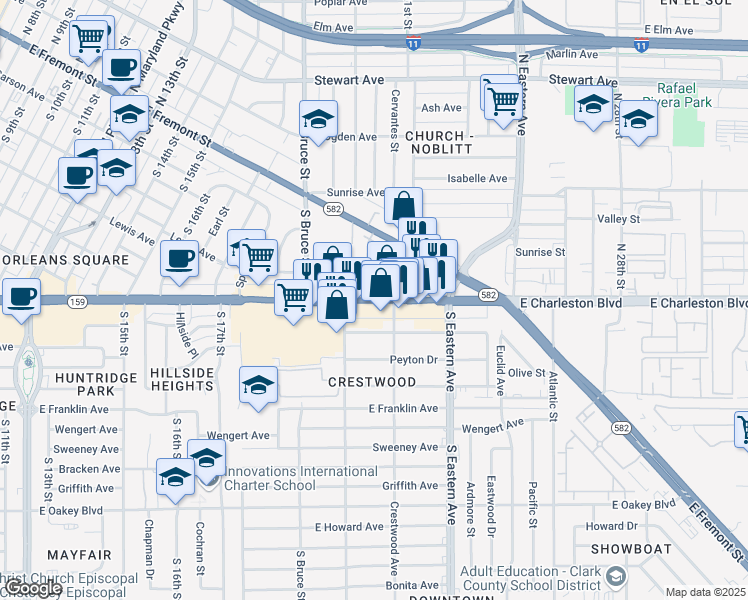 map of restaurants, bars, coffee shops, grocery stores, and more near 1958 E Charleston Blvd in Las Vegas
