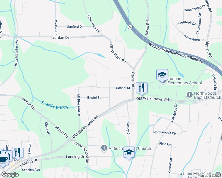 map of restaurants, bars, coffee shops, grocery stores, and more near 4869 Monte Vista Street in Winston-Salem