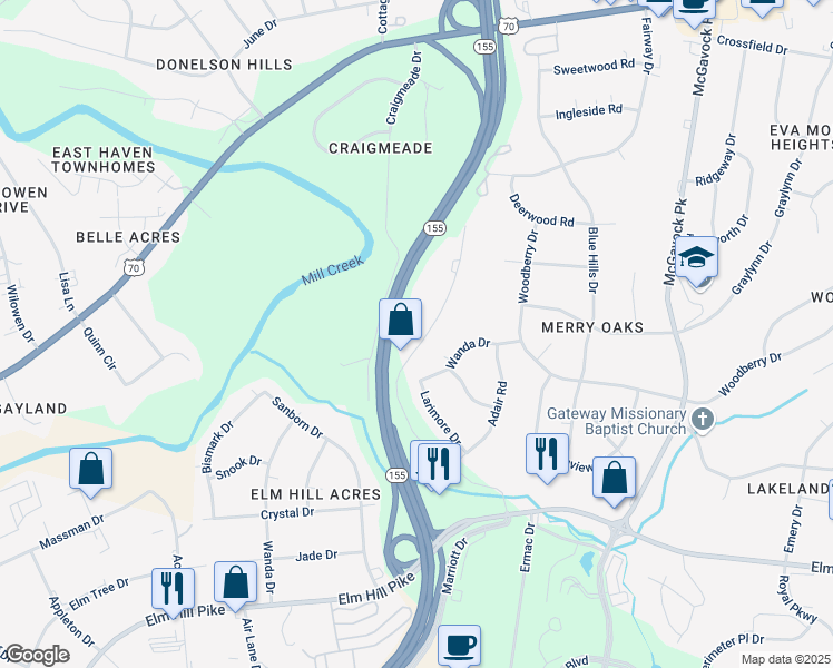 map of restaurants, bars, coffee shops, grocery stores, and more near 2425 Atrium Way in Nashville