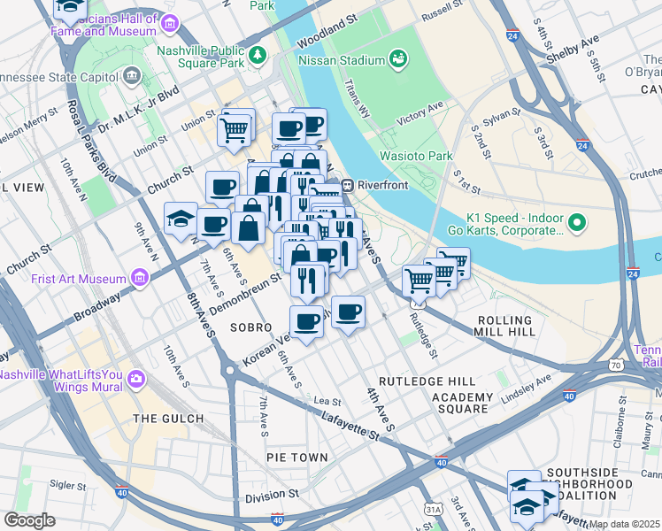 map of restaurants, bars, coffee shops, grocery stores, and more near 301 Demonbreun Street in Nashville