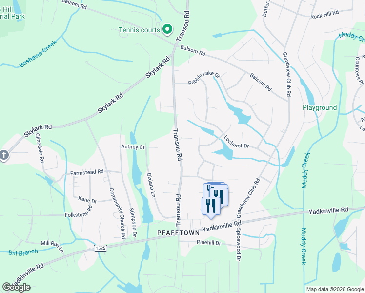 map of restaurants, bars, coffee shops, grocery stores, and more near 3450 Transou Road in Pfafftown