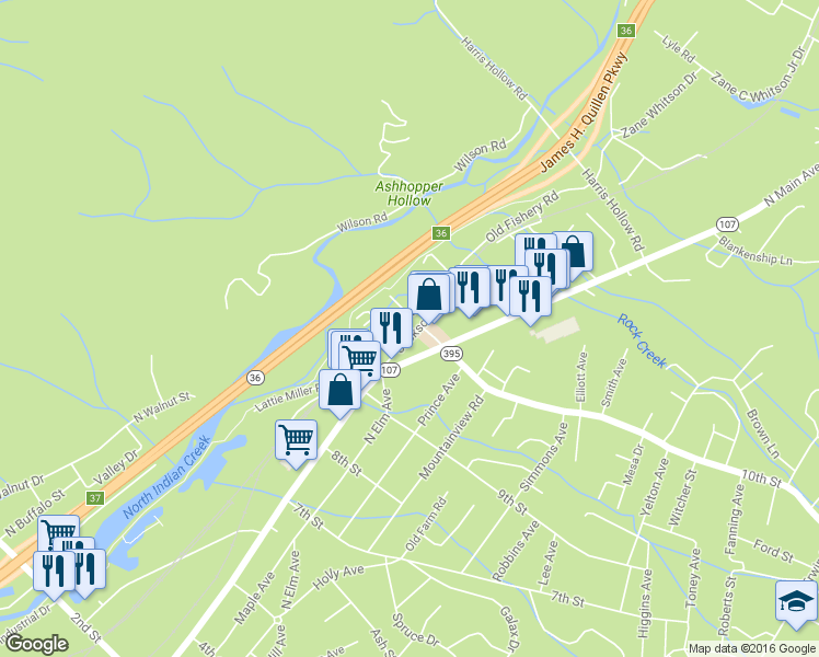 map of restaurants, bars, coffee shops, grocery stores, and more near 211 Jackson Avenue in Erwin
