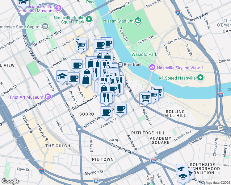 map of restaurants, bars, coffee shops, grocery stores, and more near 210 Almond Street in Nashville
